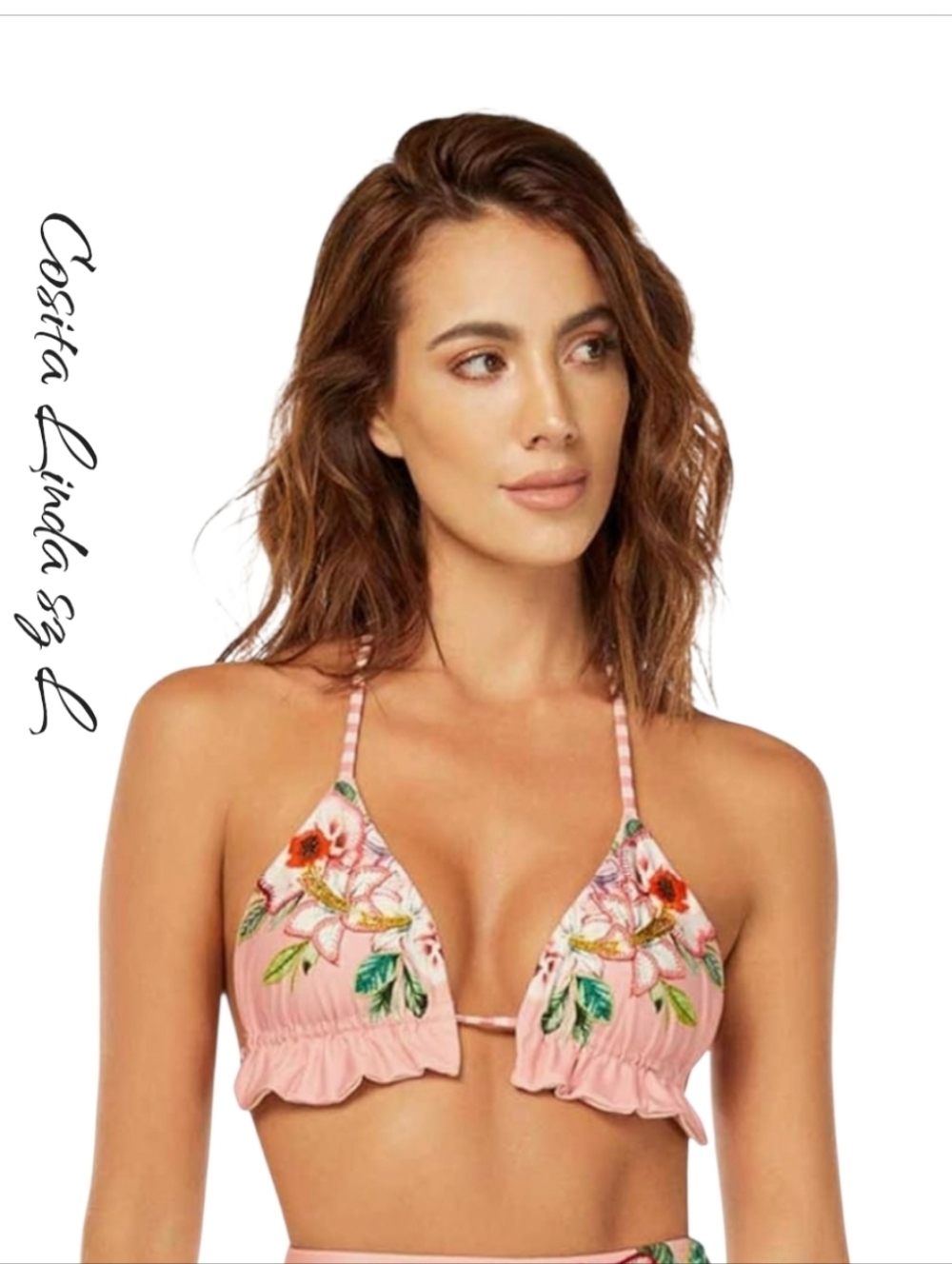 NWT Cosita Linda Still Garden Embroidered Triangle Bikini Top Pink Floral L